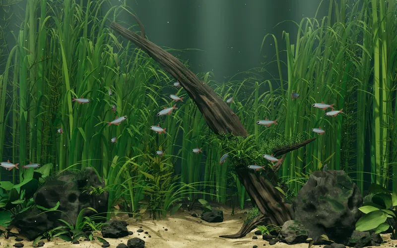The free aquarium: fish over rocks, driftwood and plants