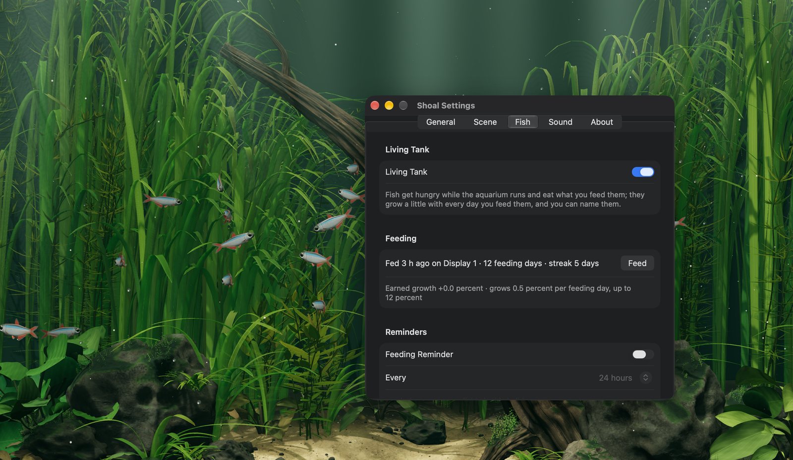 The Fish tab in Shoal's Settings over the aquarium: the Living Tank switch, when the fish were last fed with a Feed button, their growth, and a feeding reminder