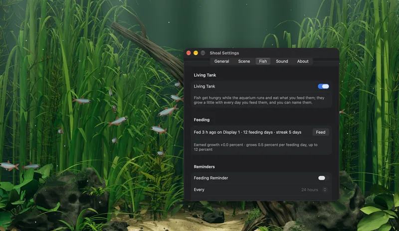 The Fish tab in Settings over the aquarium